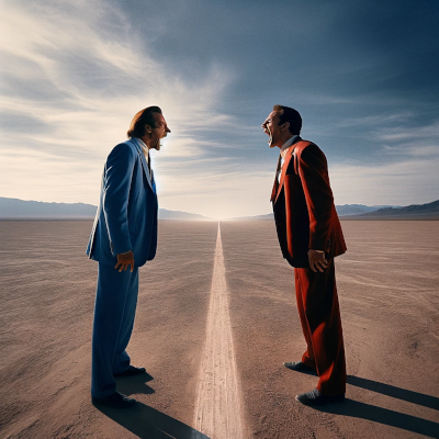 Man in a blue suit on left side of line who is yelling at man in red suit. Man in red suit is on the right side of the line and is yelling back.